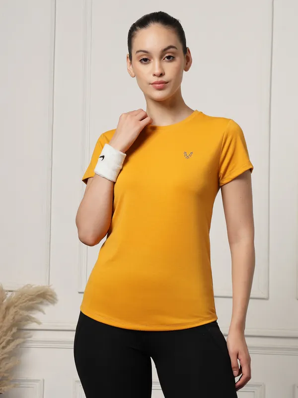 Mustard_Roundneck_Polyester_T-Shirt_For_Women