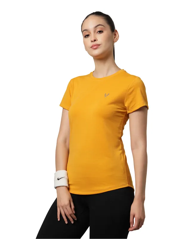 Mustard_Roundneck_Polyester_T-Shirt_For_Women