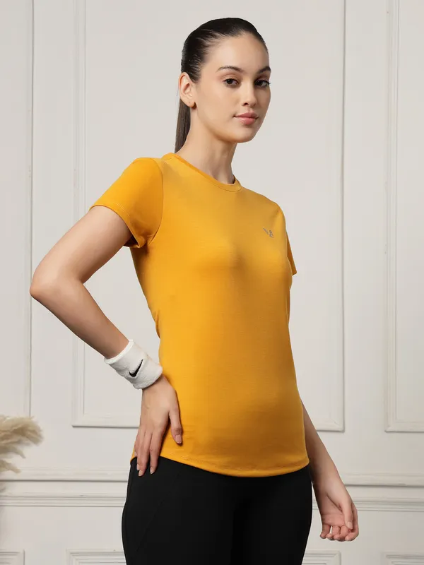 Mustard_Roundneck_Polyester_T-Shirt_For_Women