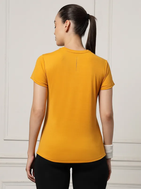 Mustard_Roundneck_Polyester_T-Shirt_For_Women
