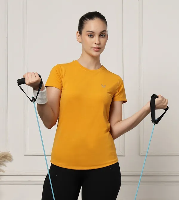 Mustard_Roundneck_Polyester_T-Shirt_For_Women
