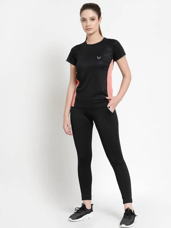 Black__Roundneck_Polyester_T-Shirt_For_Women