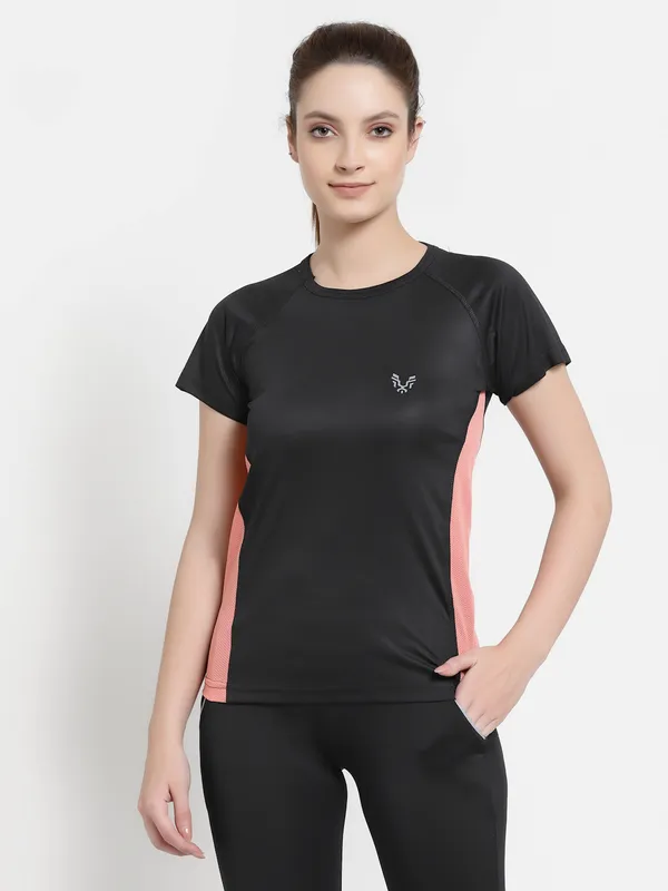 Black__Roundneck_Polyester_T-Shirt_For_Women