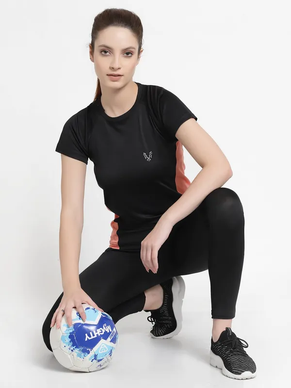 Black__Roundneck_Polyester_T-Shirt_For_Women