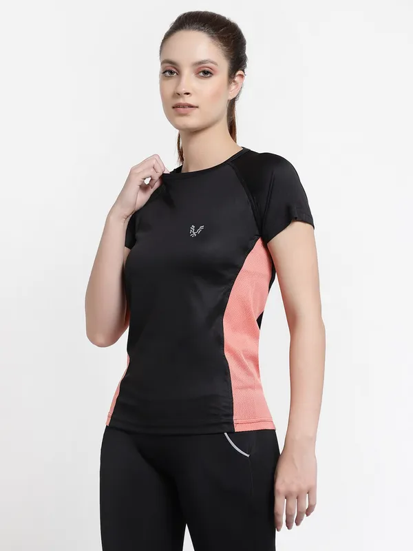 Black__Roundneck_Polyester_T-Shirt_For_Women