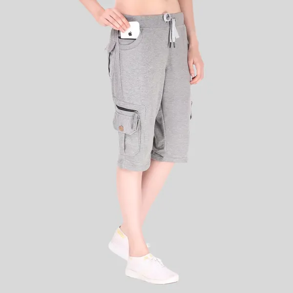 Light_Melange_Cargo_Capri_Shorts_With_9_Pockets_For_Women_&_Girls