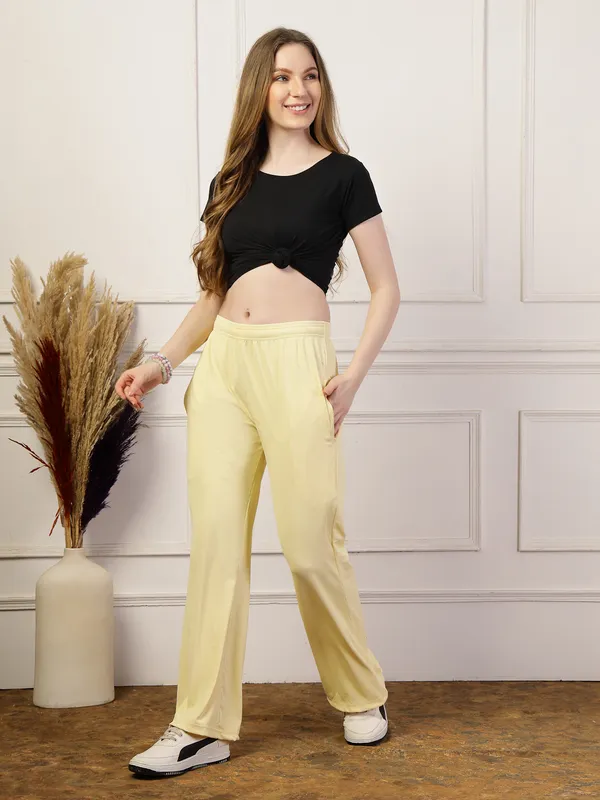 Yellow_Ribbed_Stretchable_Bell_Bottom_Trouser_With_Elasticated_Drawstring_Waist_&_Side_Pocket_For_Women_&_Girls