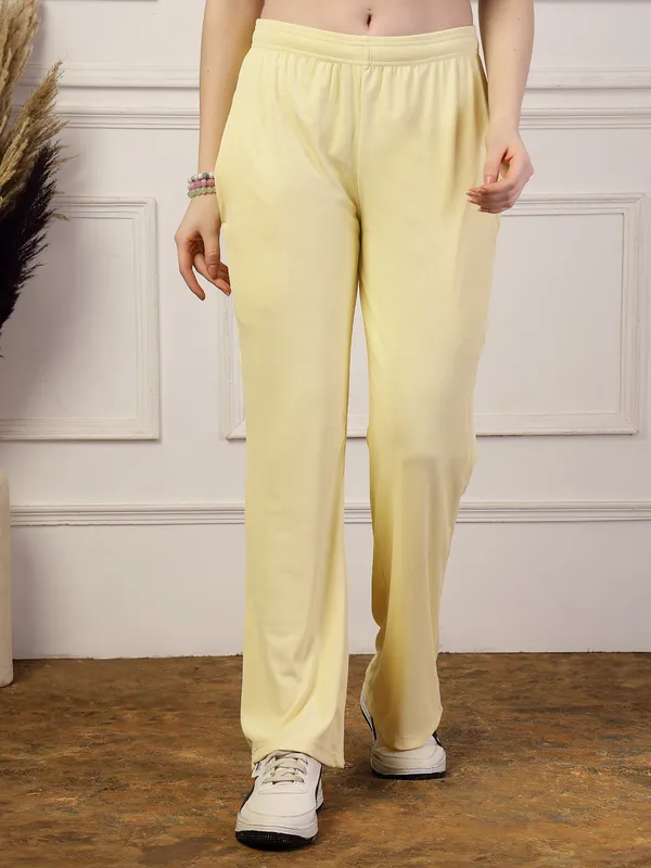 Yellow_Ribbed_Stretchable_Bell_Bottom_Trouser_With_Elasticated_Drawstring_Waist_&_Side_Pocket_For_Women_&_Girls