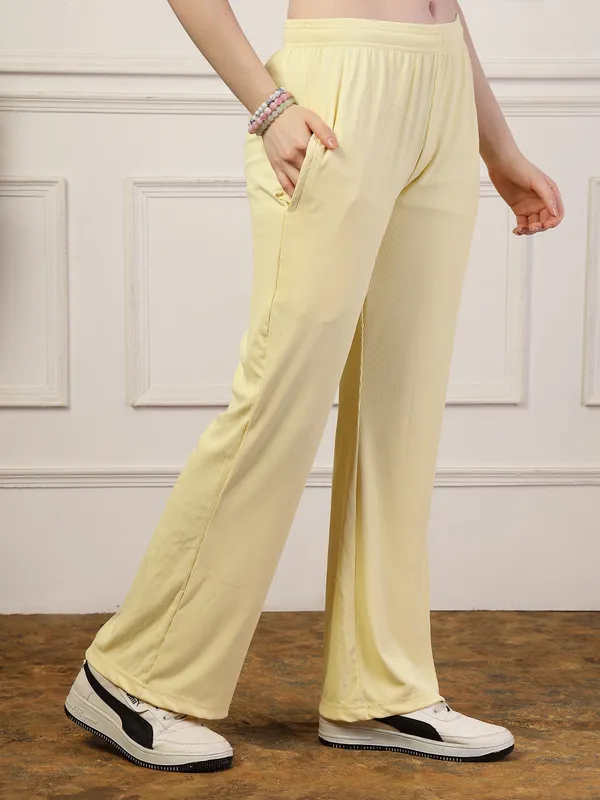 Yellow_Ribbed_Stretchable_Bell_Bottom_Trouser_With_Elasticated_Drawstring_Waist_&_Side_Pocket_For_Women_&_Girls