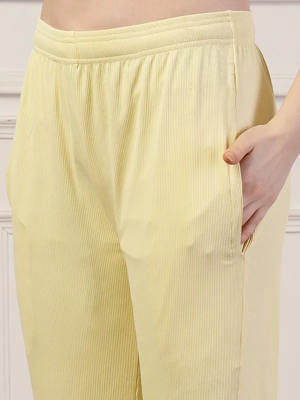 Yellow_Ribbed_Stretchable_Bell_Bottom_Trouser_With_Elasticated_Drawstring_Waist_&_Side_Pocket_For_Women_&_Girls