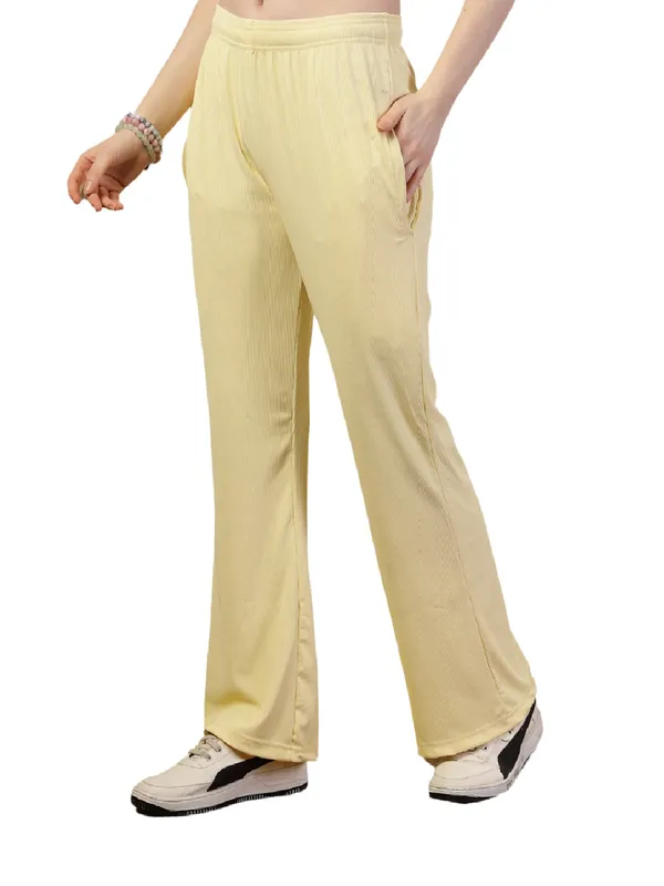 Yellow_Ribbed_Stretchable_Bell_Bottom_Trouser_With_Elasticated_Drawstring_Waist_&_Side_Pocket_For_Women_&_Girls