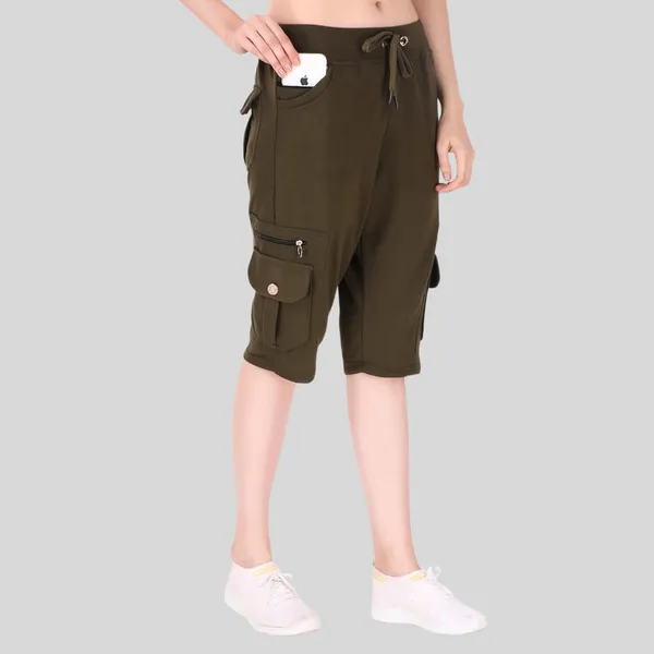 Military_Green_Cargo_Capri_Shorts_With_9_Zippered_Pockets_For_Women_&_Girls