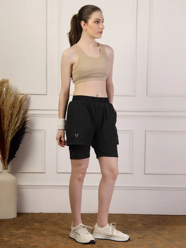 Black_Double_&_Layered_Compression_Shorts_With_Side_Pocket_For_Women_&_Girls