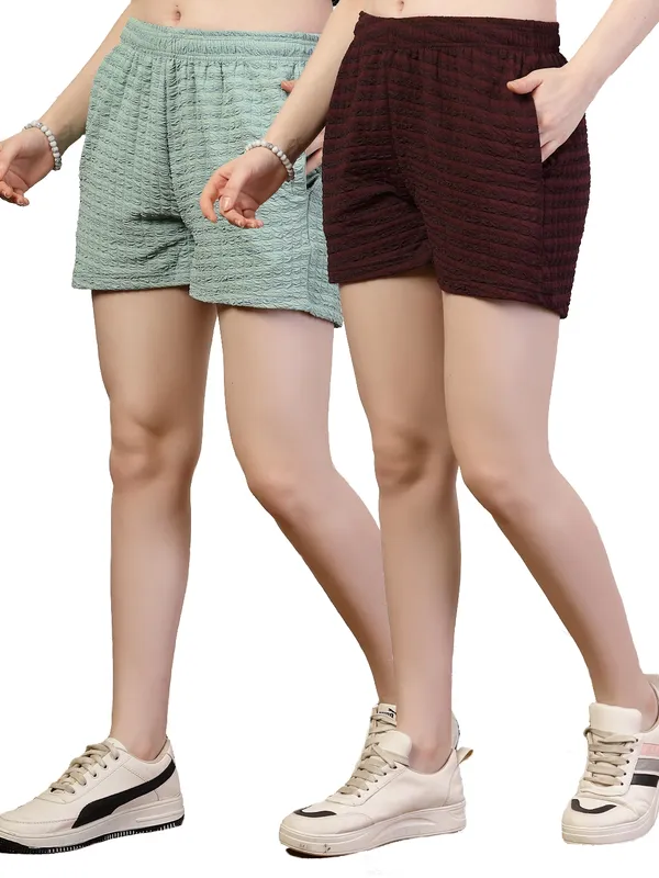 Mint_Green_&_Wine_Elastic_Waist_Puff_Relaxed_Fit_Shorts_With_Side_Pockets_For_Women_&_Girls_(Pack_Of_2)