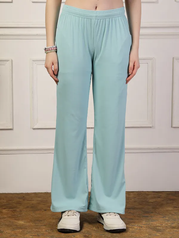 Blue_Ribbed_Stretchable_Bell_Bottom_Trouser_With_Elasticated_Drawstring_Waist_&_Side_Pocket_For_Women_&_Girls