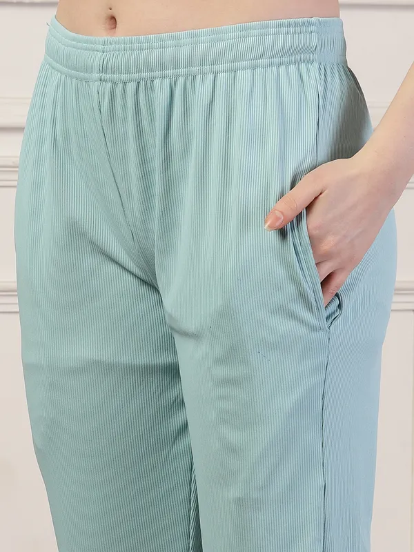 Blue_Ribbed_Stretchable_Bell_Bottom_Trouser_With_Elasticated_Drawstring_Waist_&_Side_Pocket_For_Women_&_Girls