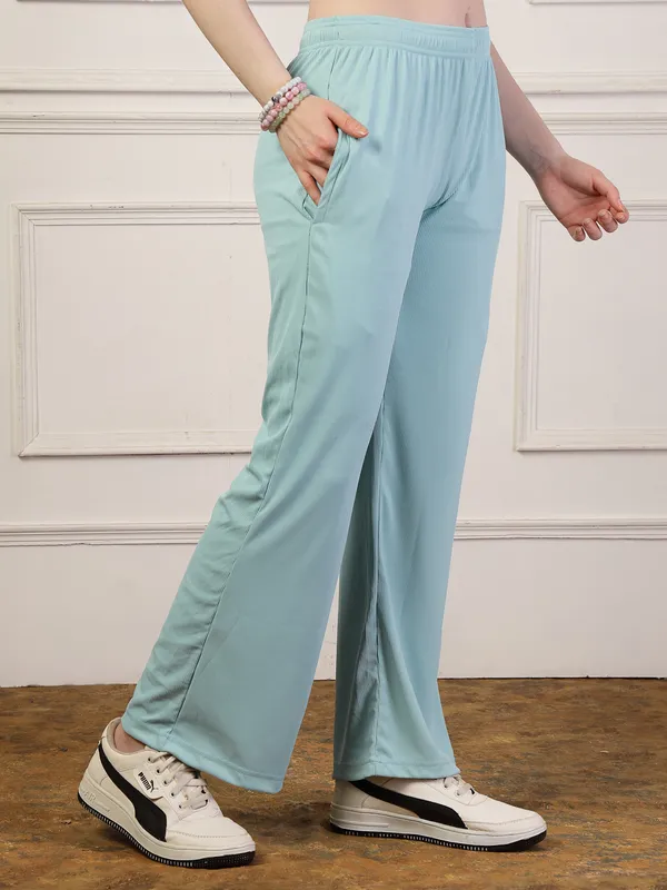 Blue_Ribbed_Stretchable_Bell_Bottom_Trouser_With_Elasticated_Drawstring_Waist_&_Side_Pocket_For_Women_&_Girls