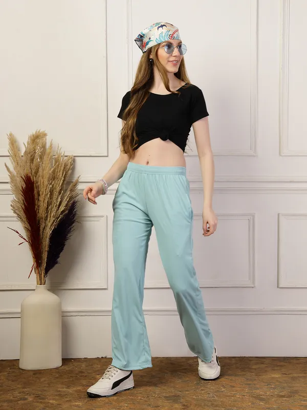 Blue_Ribbed_Stretchable_Bell_Bottom_Trouser_With_Elasticated_Drawstring_Waist_&_Side_Pocket_For_Women_&_Girls