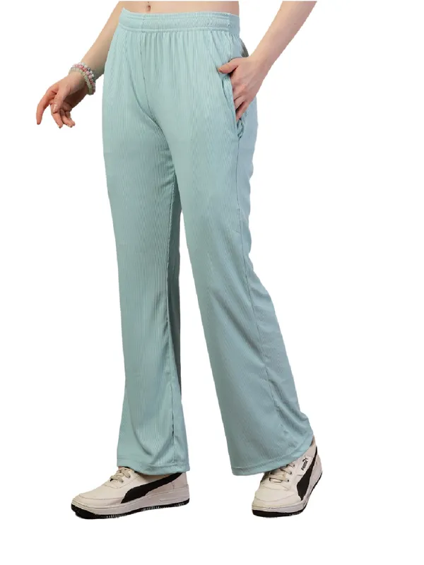 Blue_Ribbed_Stretchable_Bell_Bottom_Trouser_With_Elasticated_Drawstring_Waist_&_Side_Pocket_For_Women_&_Girls
