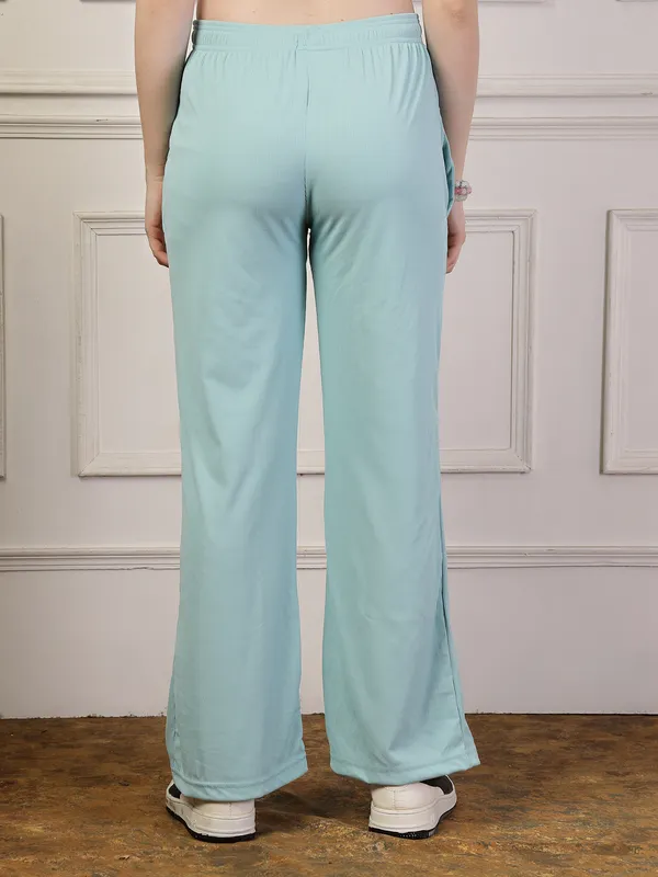 Blue_Ribbed_Stretchable_Bell_Bottom_Trouser_With_Elasticated_Drawstring_Waist_&_Side_Pocket_For_Women_&_Girls