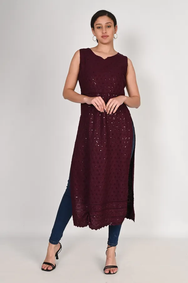 Wine_Pure_Cotton_Handcrafted_Chikankari_Sleeveless_Nyra_Cut_Kurta_For_Women