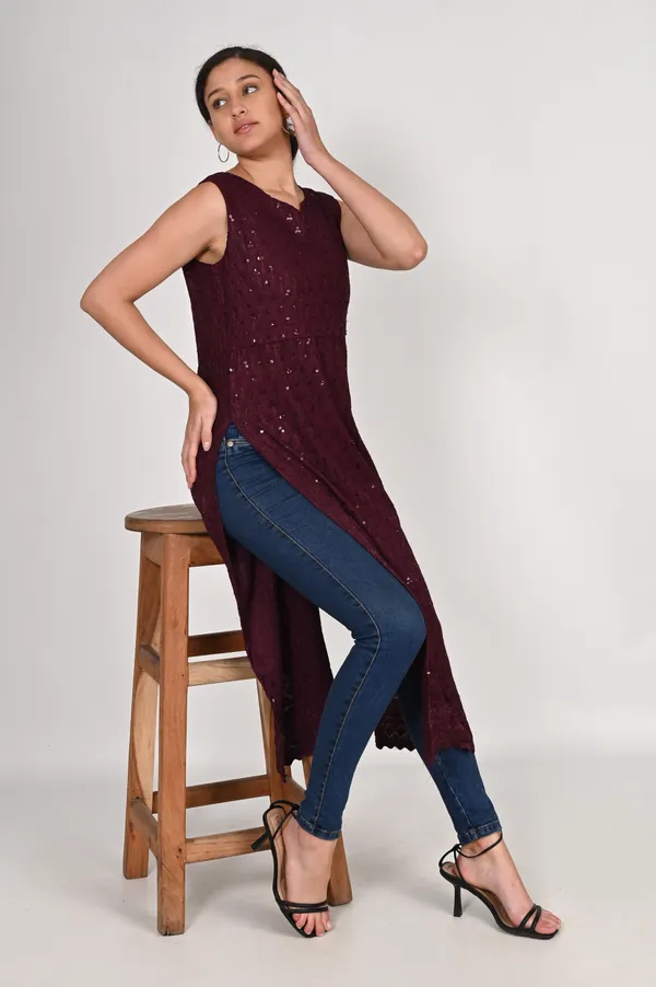Wine_Pure_Cotton_Handcrafted_Chikankari_Sleeveless_Nyra_Cut_Kurta_For_Women