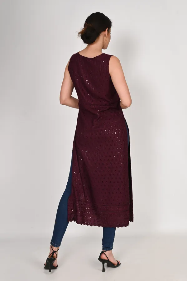 Wine_Pure_Cotton_Handcrafted_Chikankari_Sleeveless_Nyra_Cut_Kurta_For_Women