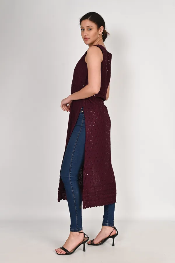 Wine_Pure_Cotton_Handcrafted_Chikankari_Sleeveless_Nyra_Cut_Kurta_For_Women