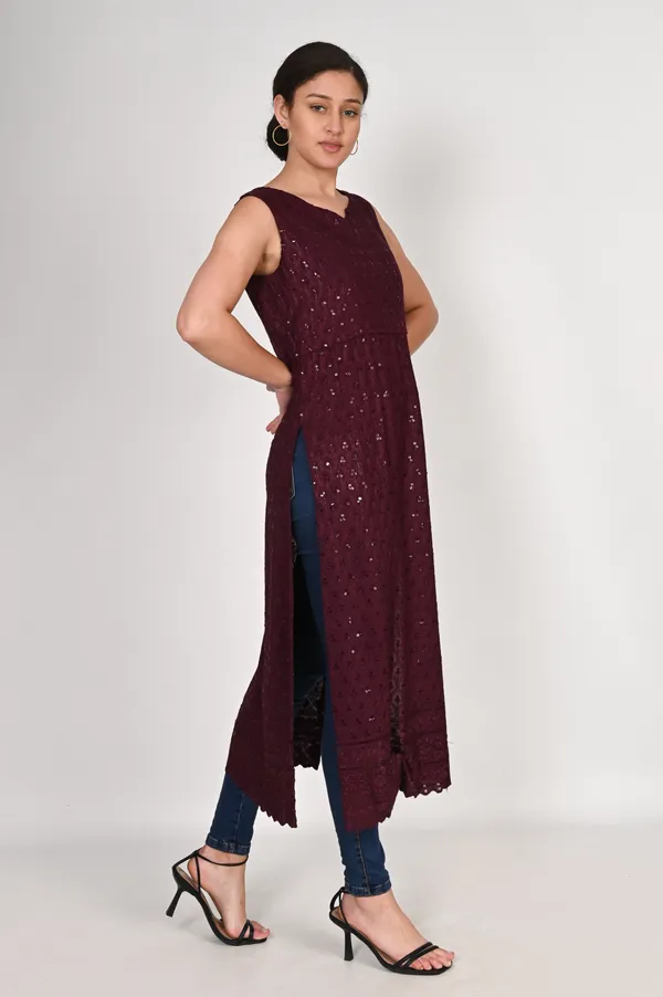 Wine_Pure_Cotton_Handcrafted_Chikankari_Sleeveless_Nyra_Cut_Kurta_For_Women