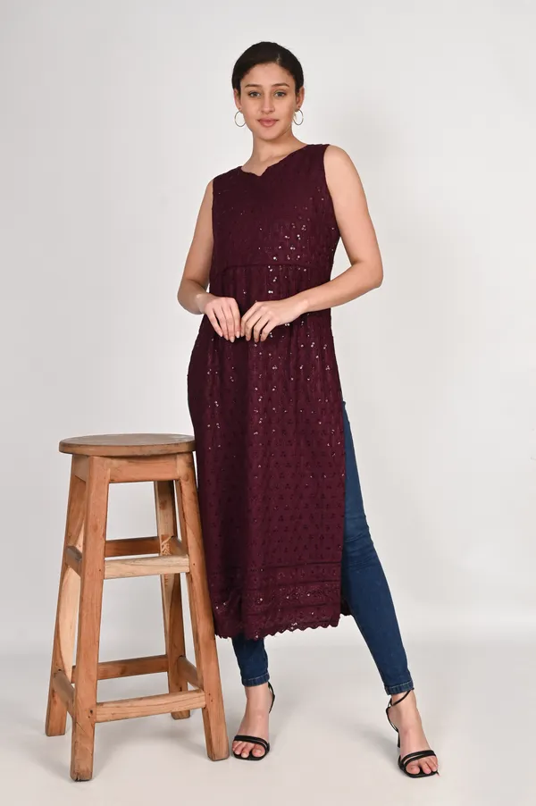 Wine_Pure_Cotton_Handcrafted_Chikankari_Sleeveless_Nyra_Cut_Kurta_For_Women