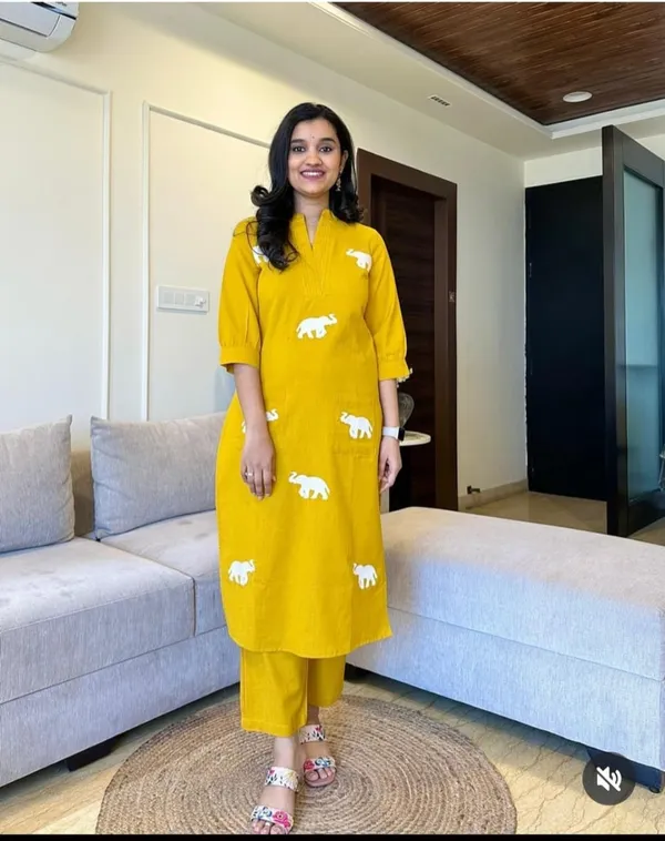 Yellow_Ethnic_Stylish_South_Cotton Kurta_Pant_Set_For_Women