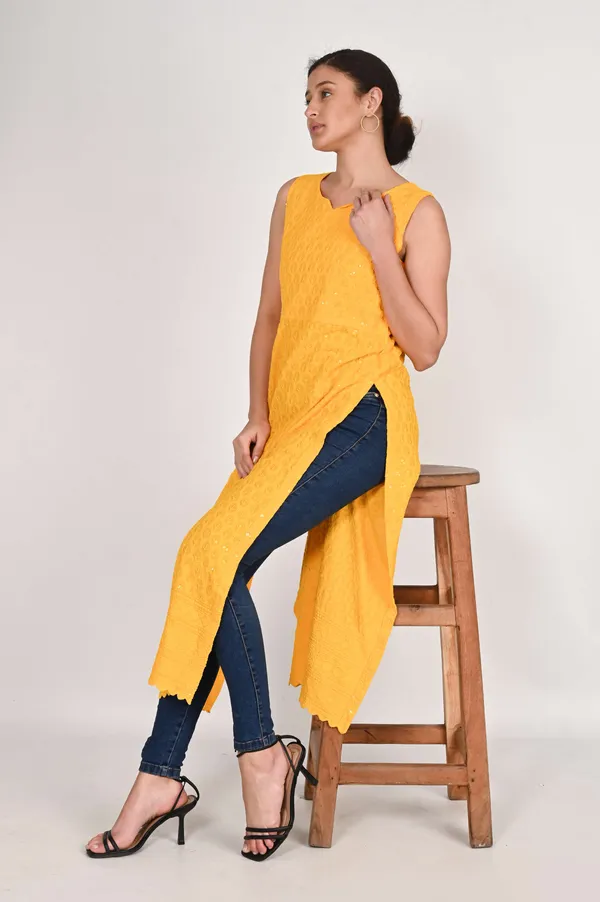 Yellow_Pure_Cotton_Handcrafted_Chikankari_Sleeveless_Nyra_Cut_Kurti_For_Women