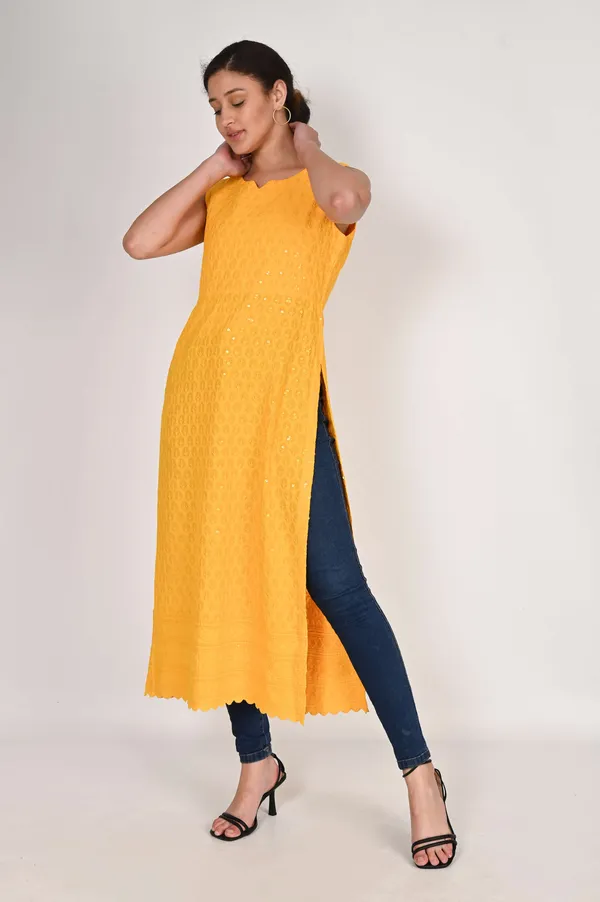 Yellow_Pure_Cotton_Handcrafted_Chikankari_Sleeveless_Nyra_Cut_Kurti_For_Women