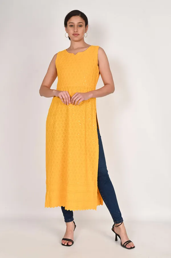 Yellow_Pure_Cotton_Handcrafted_Chikankari_Sleeveless_Nyra_Cut_Kurti_For_Women