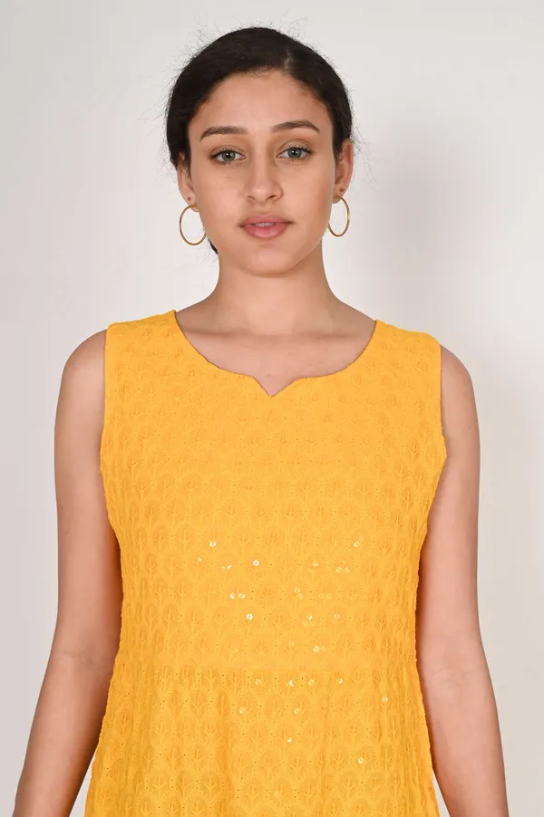 Yellow_Pure_Cotton_Handcrafted_Chikankari_Sleeveless_Nyra_Cut_Kurti_For_Women