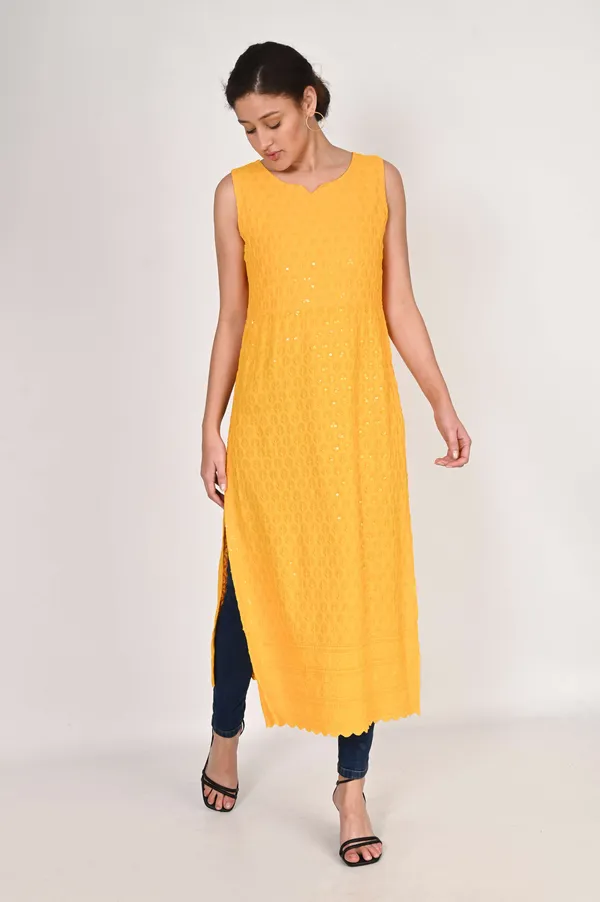 Yellow_Pure_Cotton_Handcrafted_Chikankari_Sleeveless_Nyra_Cut_Kurti_For_Women