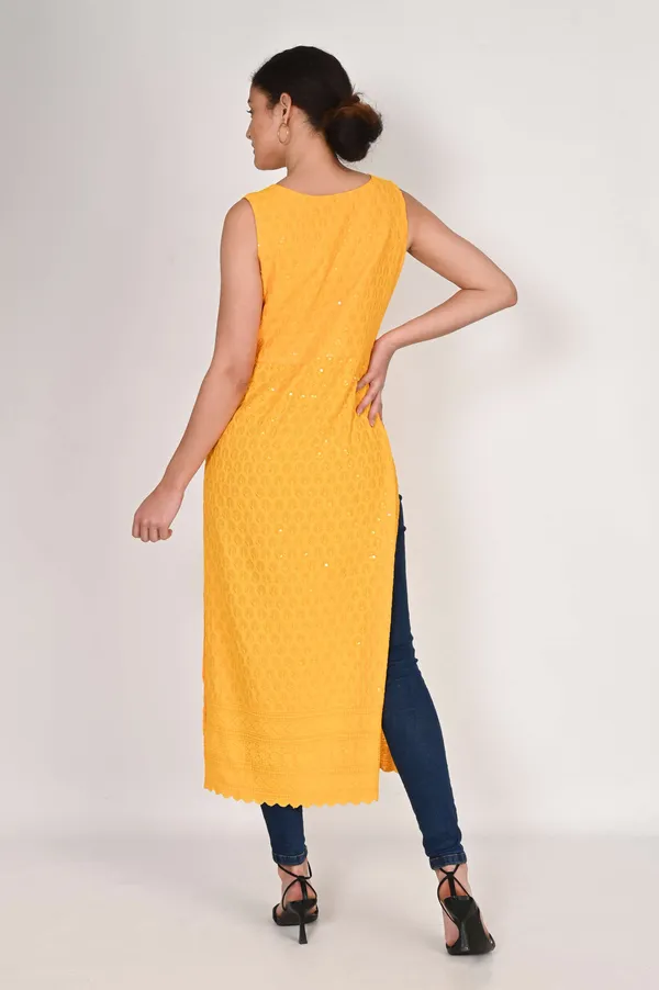 Yellow_Pure_Cotton_Handcrafted_Chikankari_Sleeveless_Nyra_Cut_Kurti_For_Women