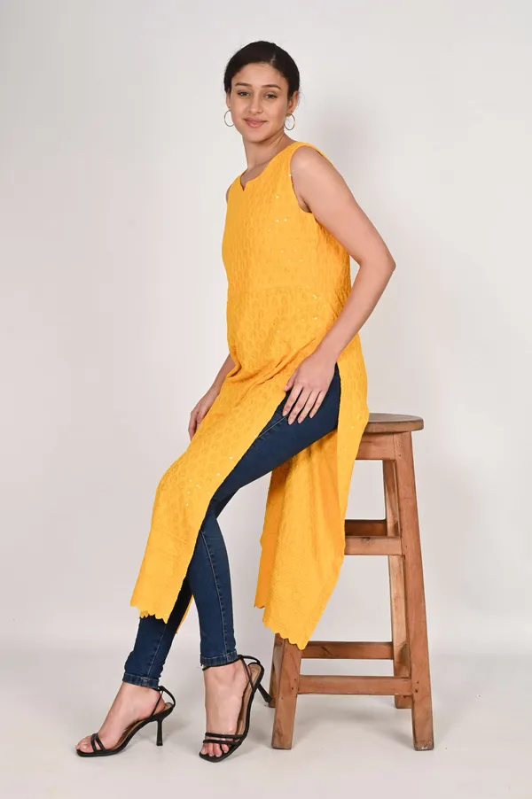 Yellow_Pure_Cotton_Handcrafted_Chikankari_Sleeveless_Nyra_Cut_Kurti_For_Women