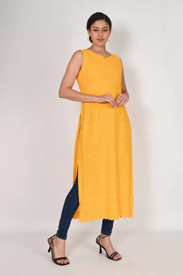 Yellow_Pure_Cotton_Handcrafted_Chikankari_Sleeveless_Nyra_Cut_Kurti_For_Women