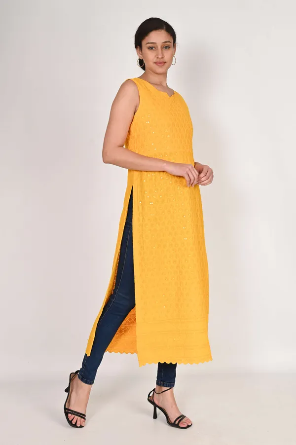 Yellow_Pure_Cotton_Handcrafted_Chikankari_Sleeveless_Nyra_Cut_Kurti_For_Women