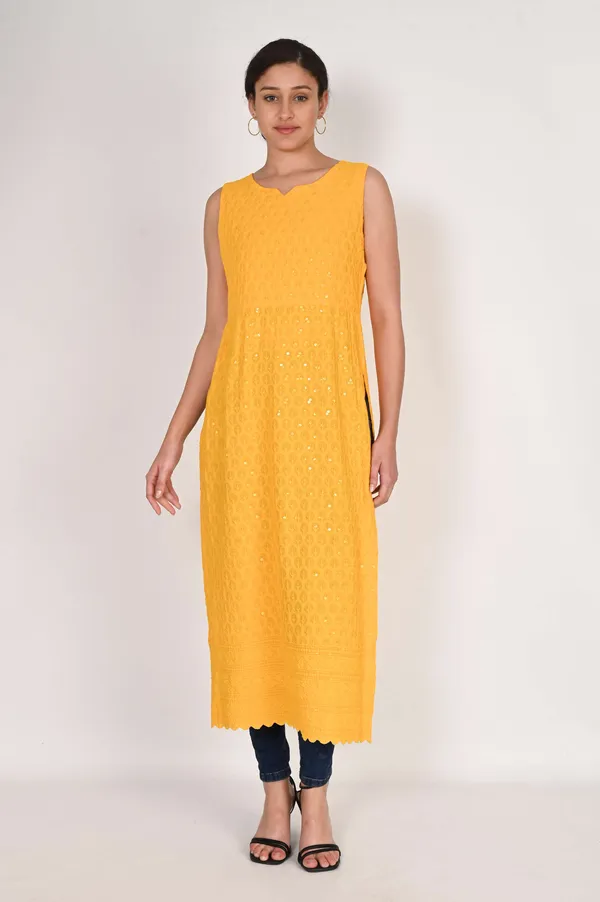 Yellow_Pure_Cotton_Handcrafted_Chikankari_Sleeveless_Nyra_Cut_Kurti_For_Women