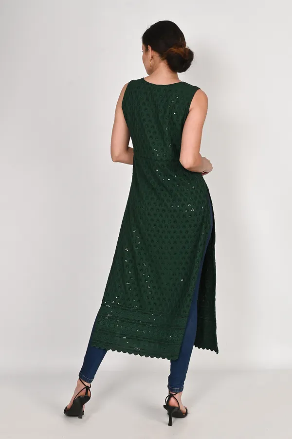 Bottle_Green_Pure_Cotton_Handcrafted_Chikankari_Sleeveless_Nyra_Cut_Kurti_For_Women
