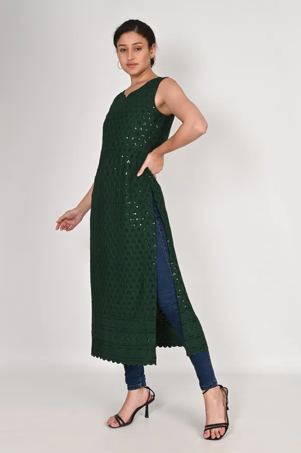 Bottle_Green_Pure_Cotton_Handcrafted_Chikankari_Sleeveless_Nyra_Cut_Kurti_For_Women