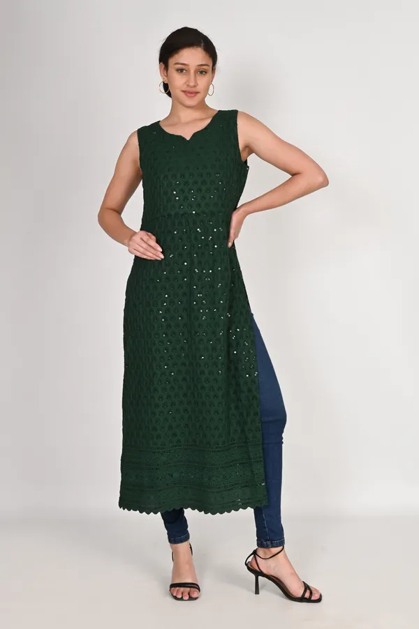 Bottle_Green_Pure_Cotton_Handcrafted_Chikankari_Sleeveless_Nyra_Cut_Kurti_For_Women