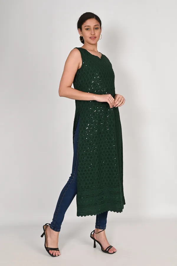 Bottle_Green_Pure_Cotton_Handcrafted_Chikankari_Sleeveless_Nyra_Cut_Kurti_For_Women