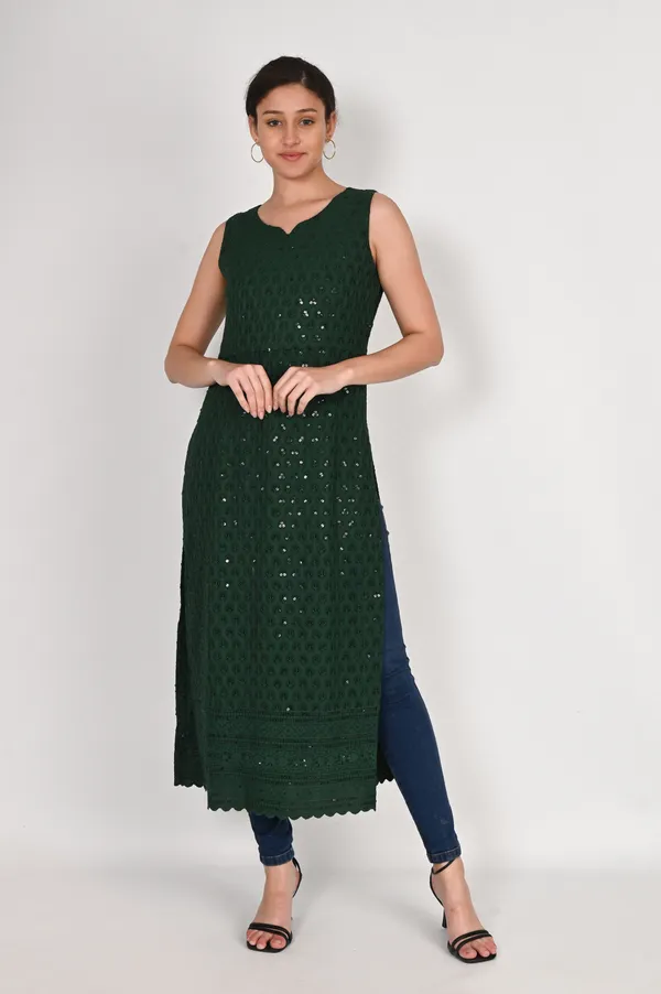 Bottle_Green_Pure_Cotton_Handcrafted_Chikankari_Sleeveless_Nyra_Cut_Kurti_For_Women