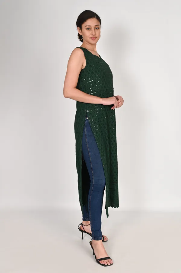 Bottle_Green_Pure_Cotton_Handcrafted_Chikankari_Sleeveless_Nyra_Cut_Kurti_For_Women