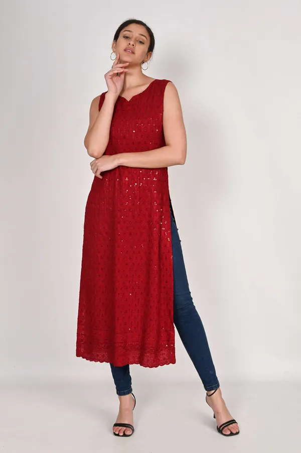 Red_Pure_Cotton_Handcrafted_Chikankari_Sleeveless_Nyra_Cut_Kurti_For_Women