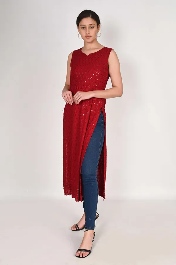 Red_Pure_Cotton_Handcrafted_Chikankari_Sleeveless_Nyra_Cut_Kurti_For_Women