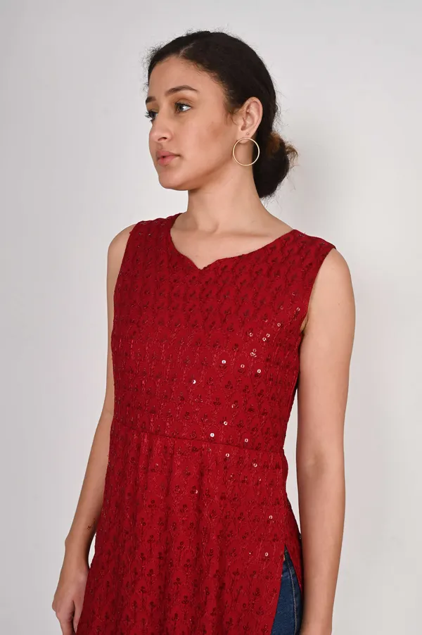Red_Pure_Cotton_Handcrafted_Chikankari_Sleeveless_Nyra_Cut_Kurti_For_Women